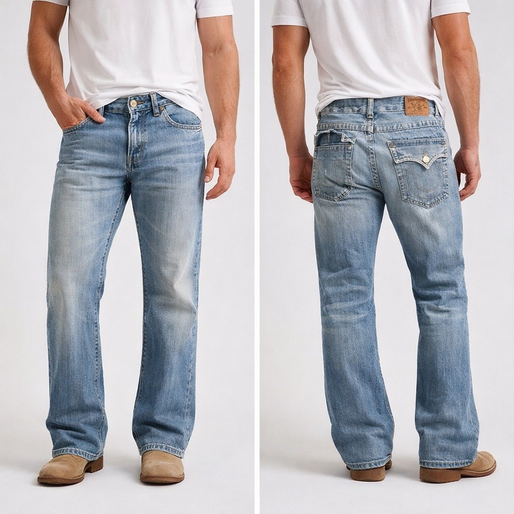 True Religion Billy Mens Straight Leg Jeans Blue Light Wash Made in USA 33x30‎